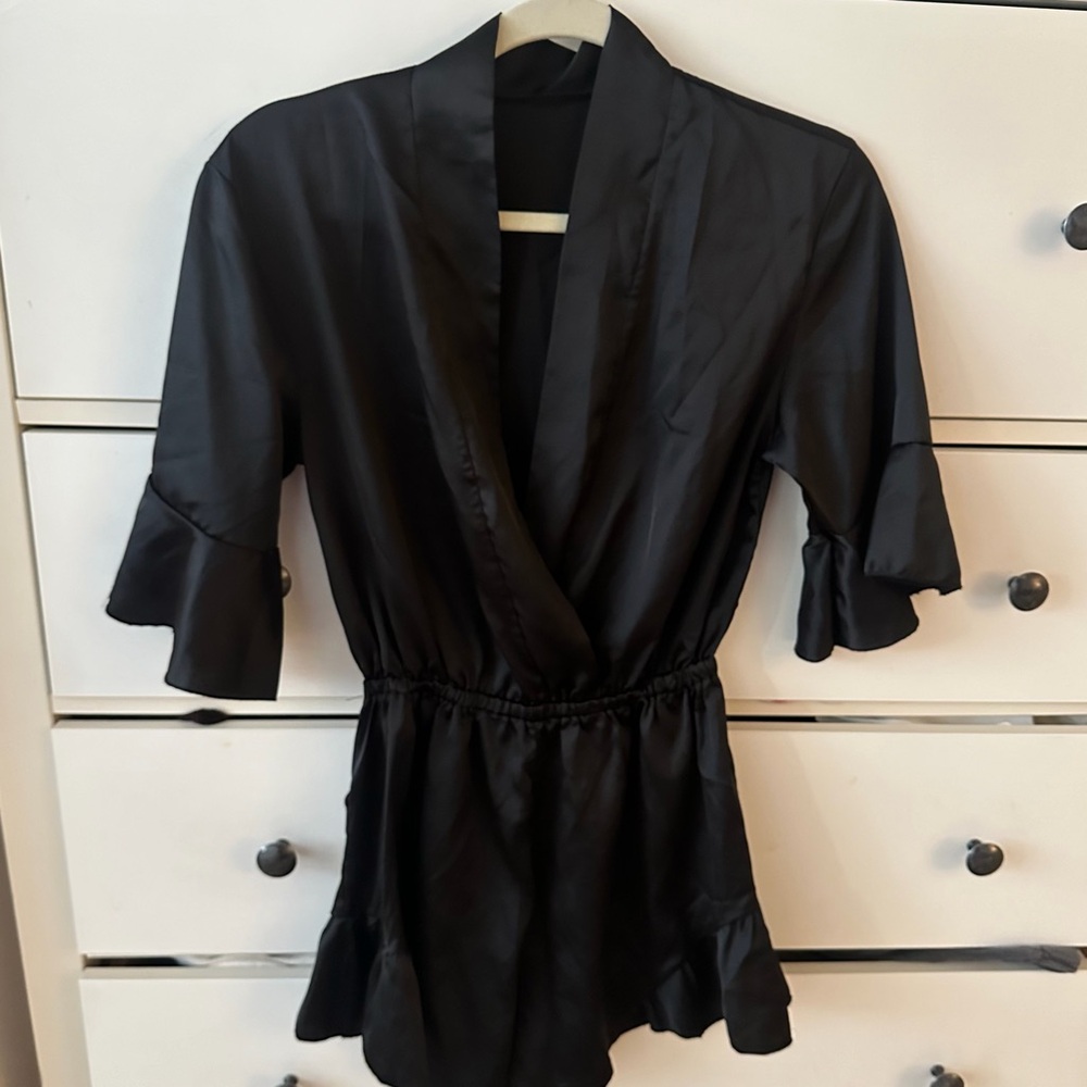 Satin Silky Ruffled V Neck Romper Pajamas Black